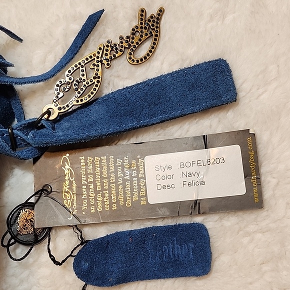 Ed Hardy Vintage Navy Felicia  Denim and Suede  Fringe Bag  Red Accents Rare- - Picture 7 of 16